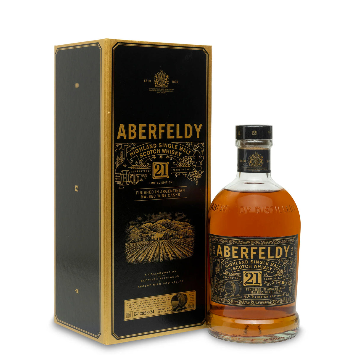 Aberfeldy 21 Year Old Argentinian Malbec Wine Cask Finish 700 mL bottle and box