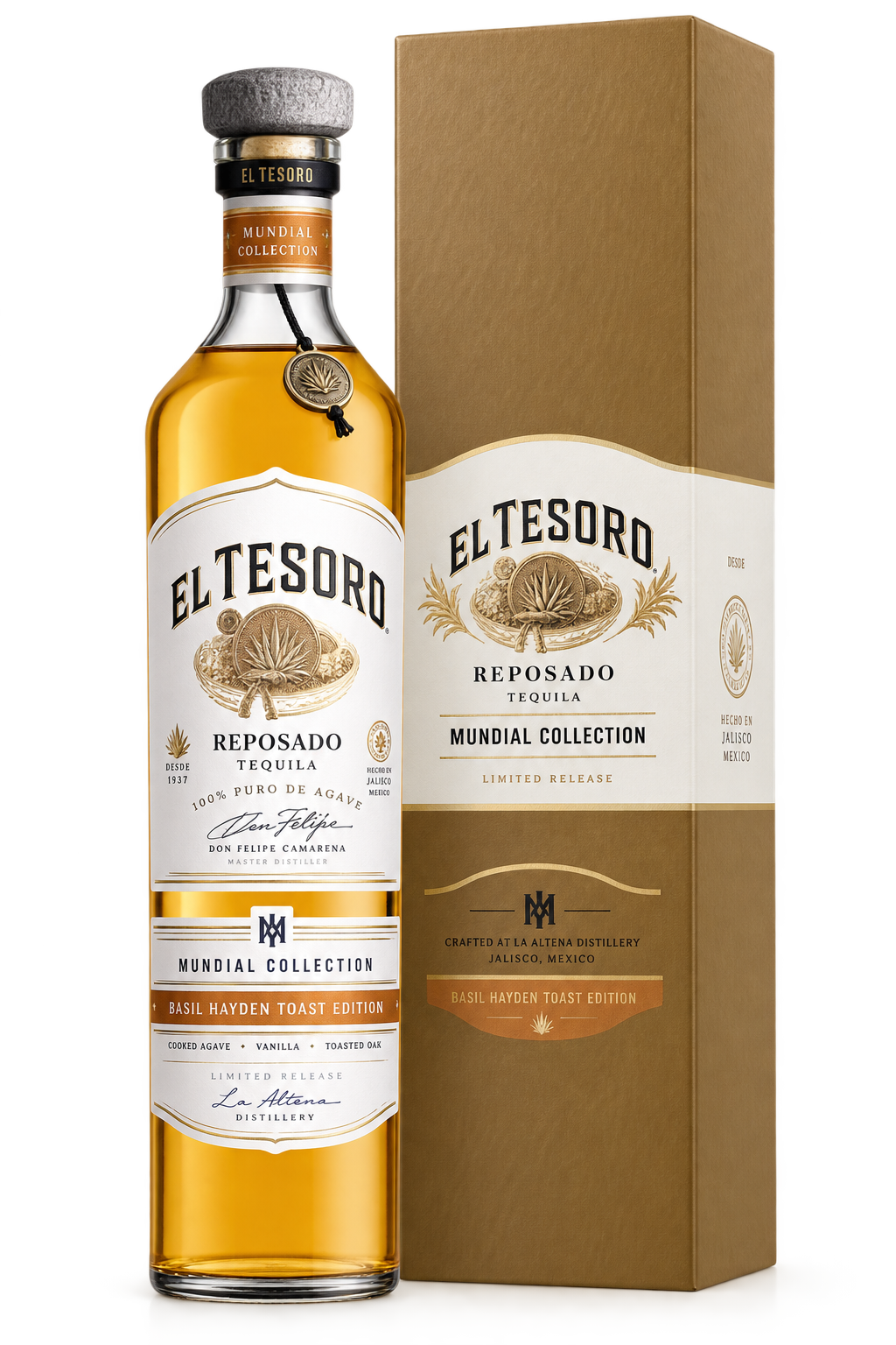 El Tesoro Mundial Collection Basil Hayden Toast Edition Reposado Tequila 750ML bottle and box