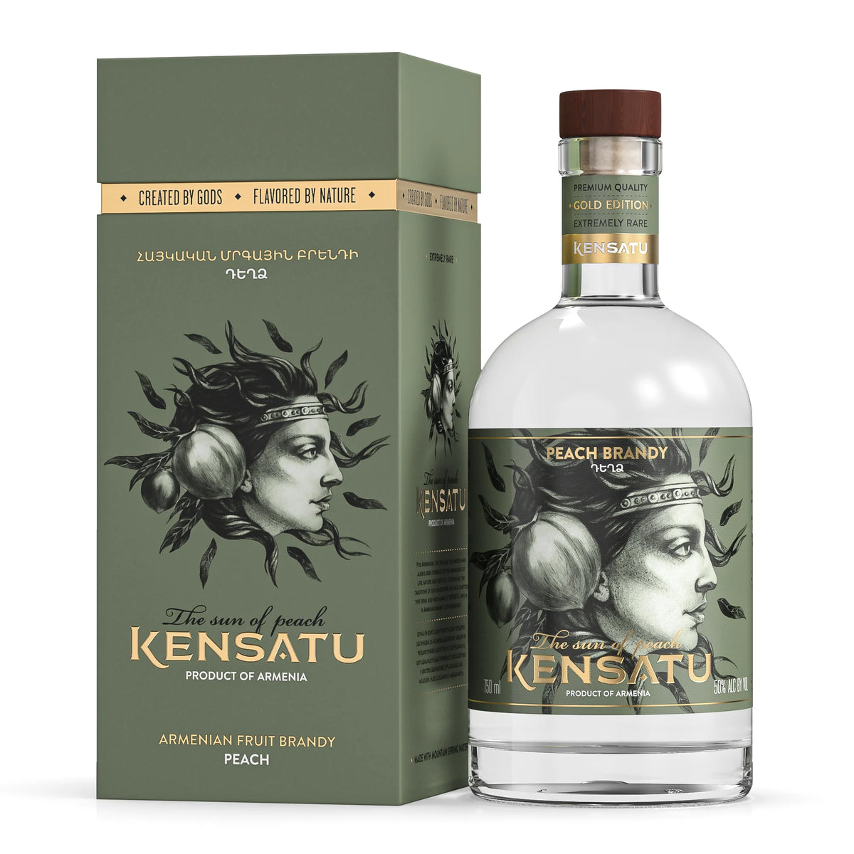 KENSATU Peach Armenian Fruit Brandy 750ml bottle and box