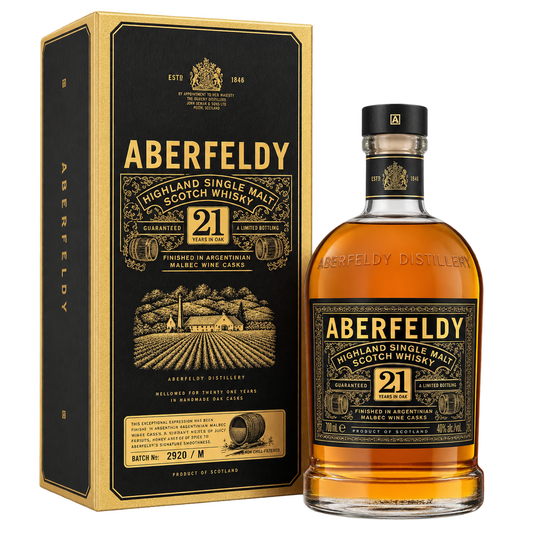 Aberfeldy 21 Year Old Argentinian Malbec Cask Finish Scotch Whisky 700ML bottle and box