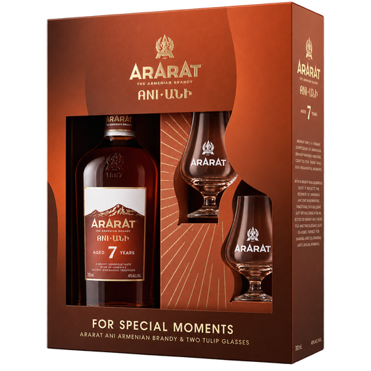 ARARAT Ani 7 Year Old Armenian Brandy 700ML gift set with two tulip glasses