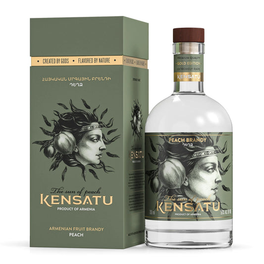 KENSATU Peach Armenian Fruit Brandy 750ml bottle and box