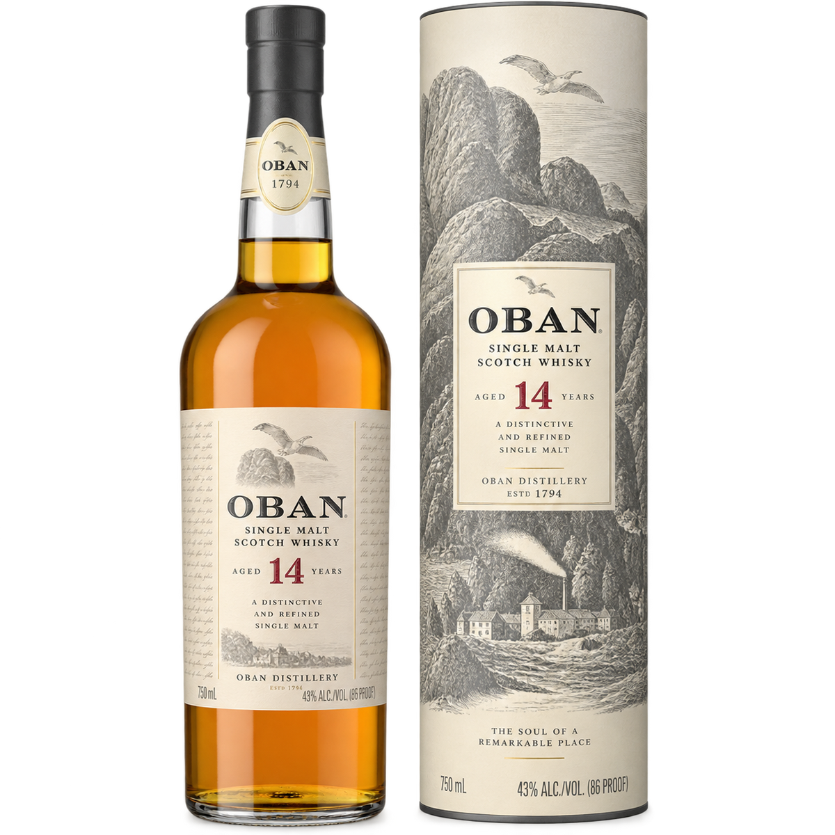 Oban 14 Year Old Highland Single Malt Scotch Whisky 750ML bottle and gift tube
