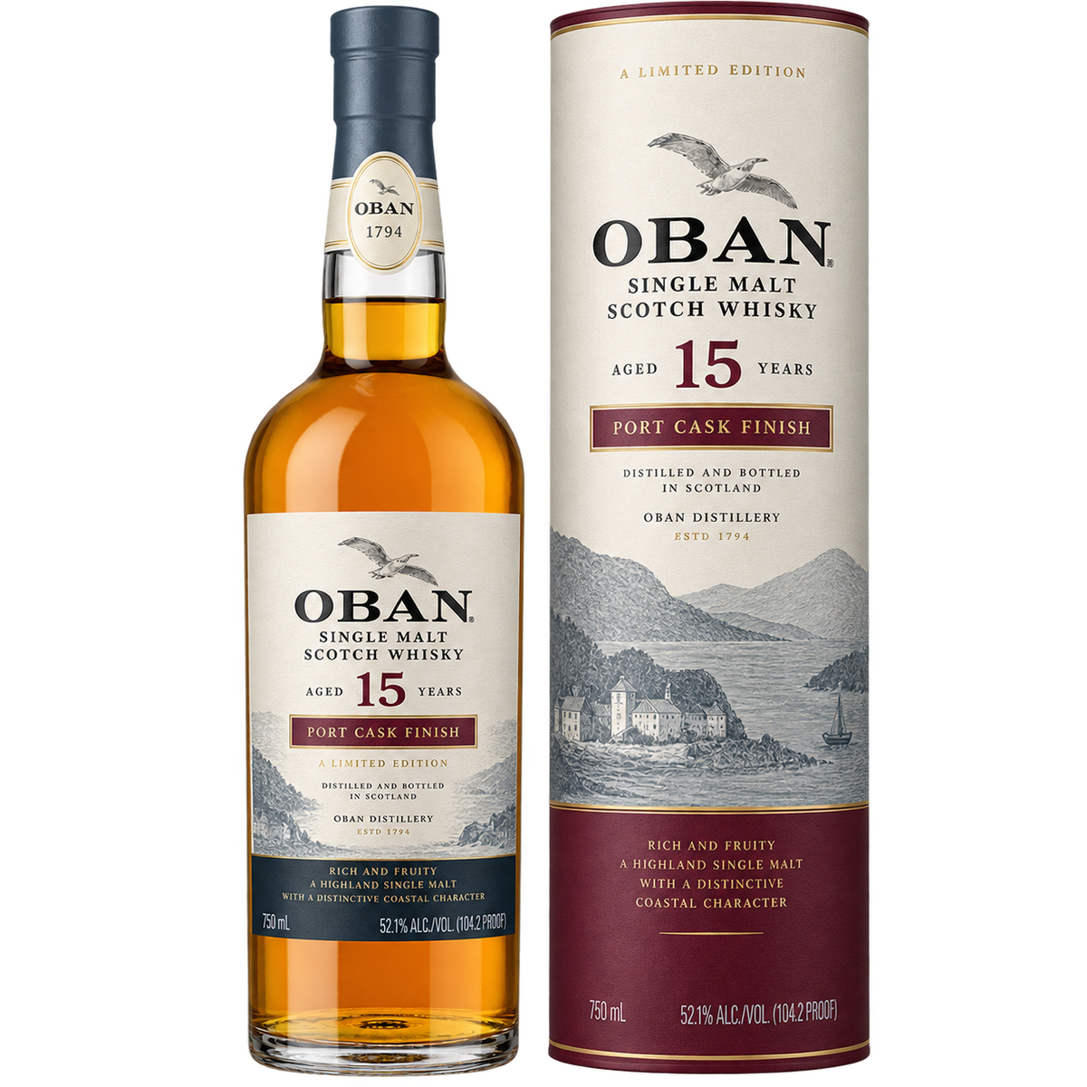 Oban 15 Year Old Port Cask Finish Single Malt Scotch Whisky 750ML bottle and gift tube