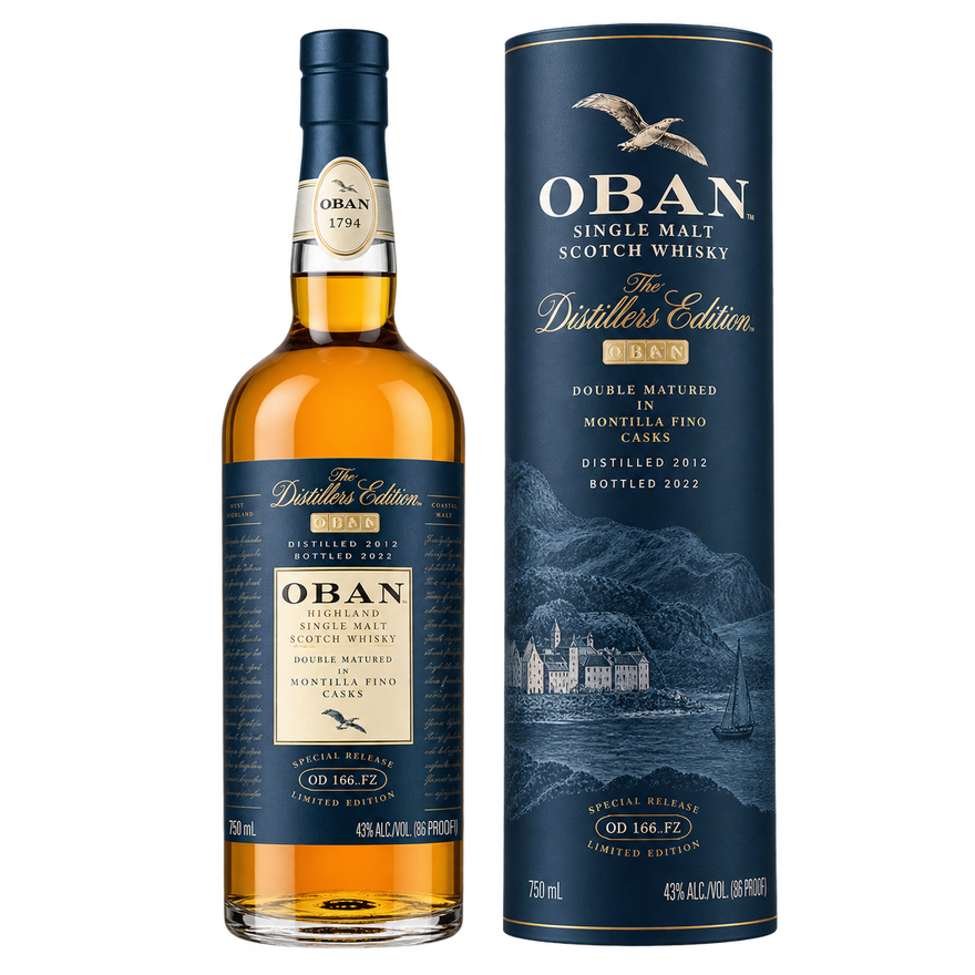 Oban Distillers Edition Double Matured Montilla Fino Cask Single Malt Scotch Whisky 750ML bottle and gift tube